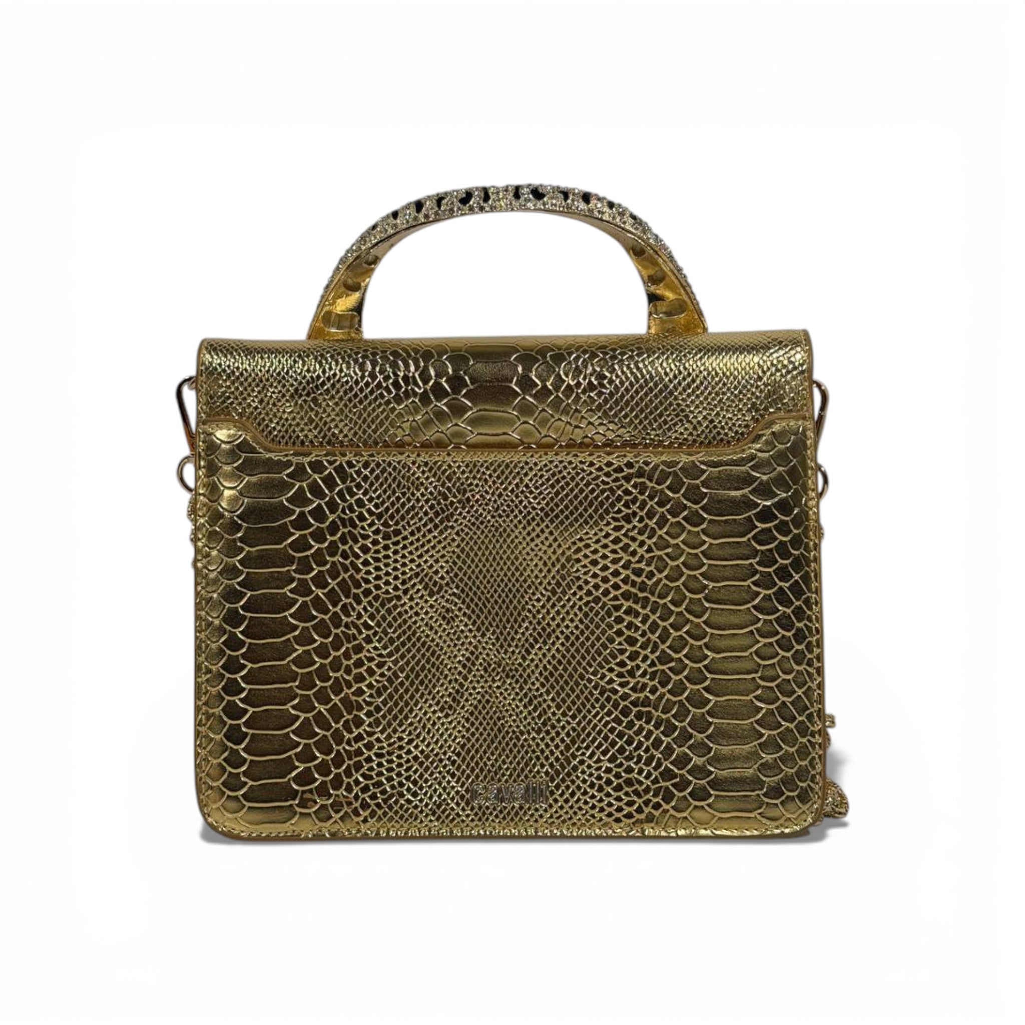 š Roberto Cavalli Gold Snake-Effect Top Handle Bag with Tiger Head Handle