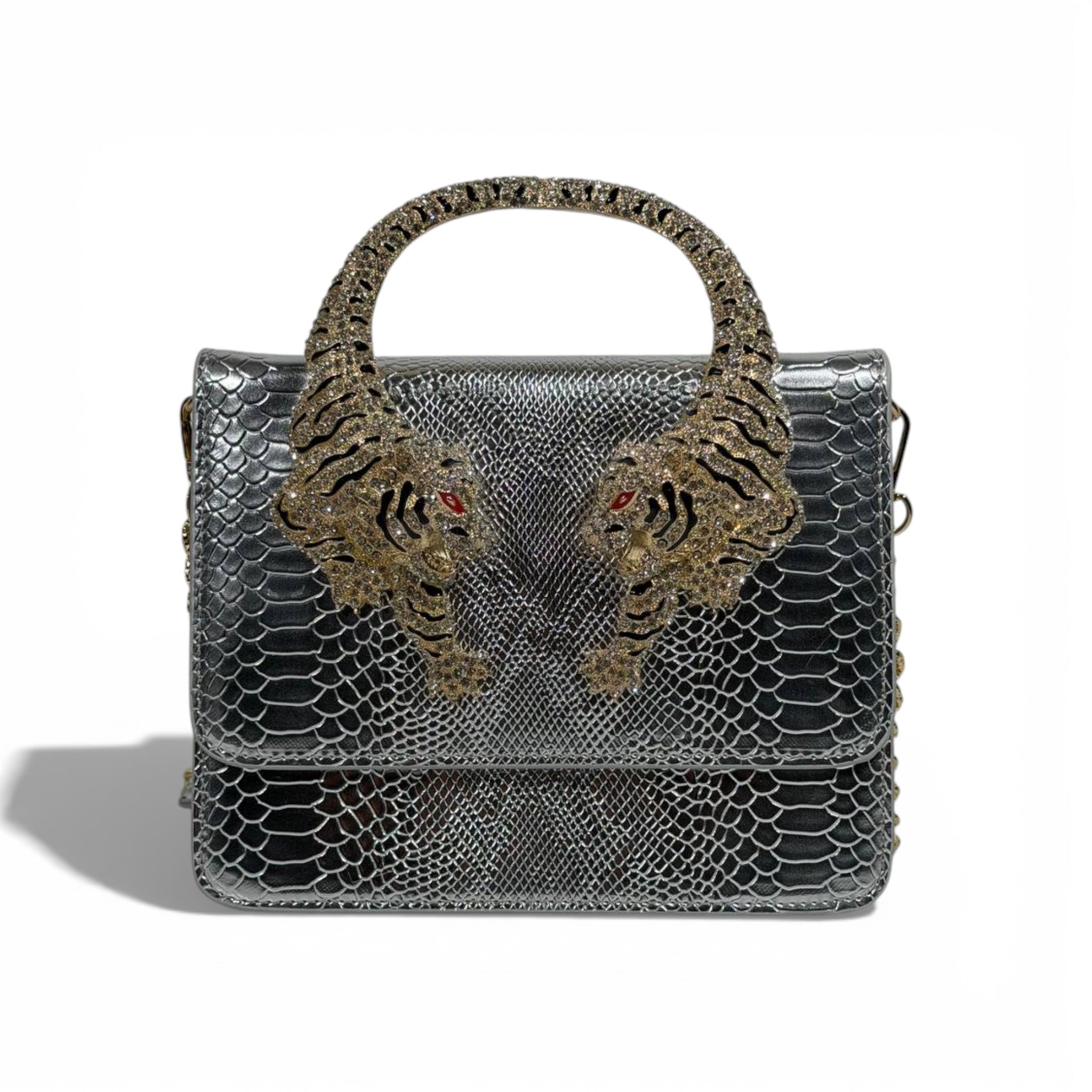 👜 Roberto Cavalli Silver Snake-Effect Top Handle Bag with Tiger Head Handle