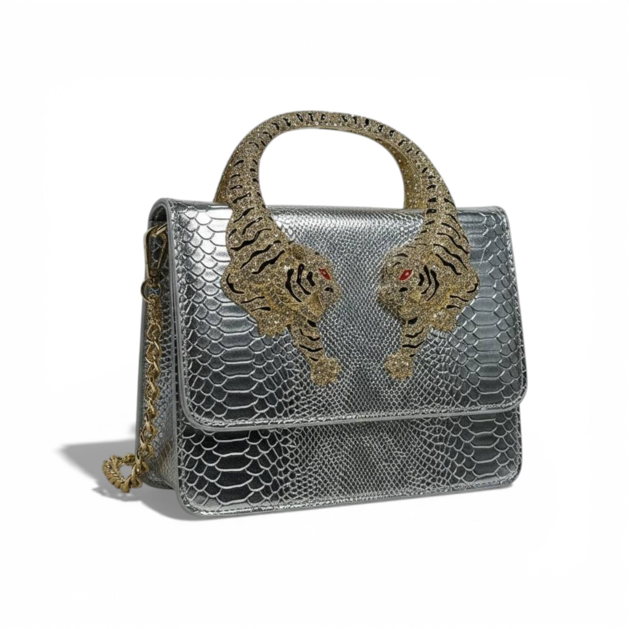 👜 Roberto Cavalli Silver Snake-Effect Top Handle Bag with Tiger Head Handle