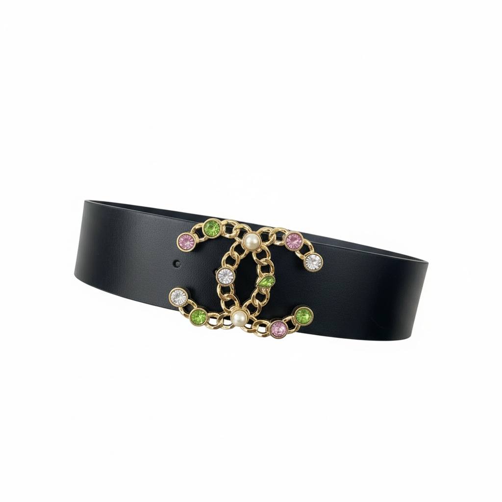 🧷 Chanel Leather Belt with Jewel Logo Buckle – Black