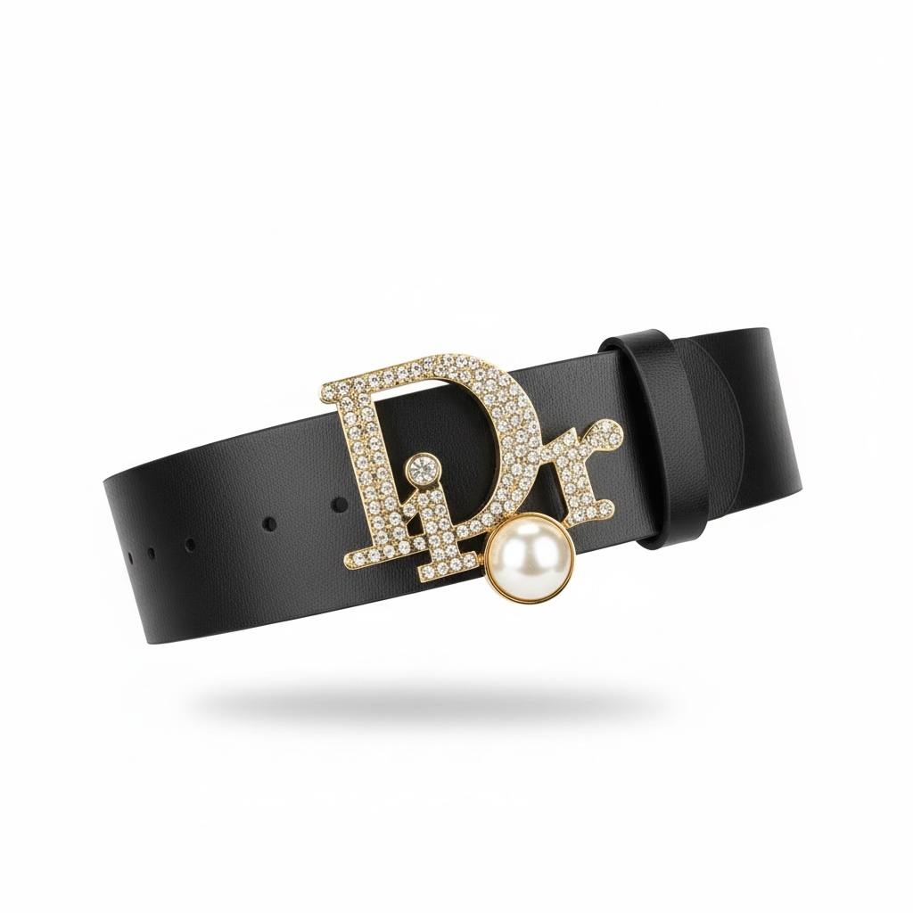 ✨ Dior Leather Belt with Crystal & Pearl Buckle – Black