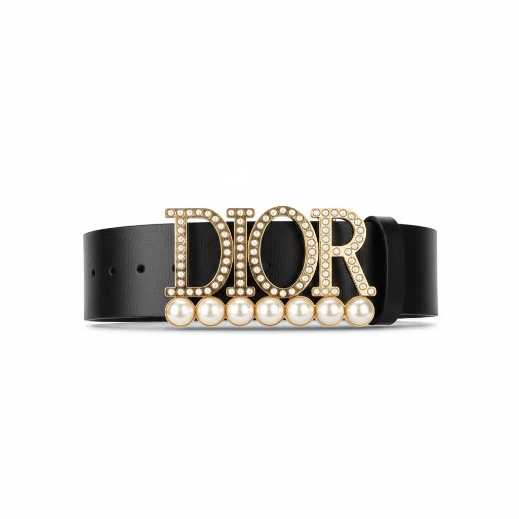 ✨ Dior Leather Belt with Crystal Logo & Pearl Detail – Black