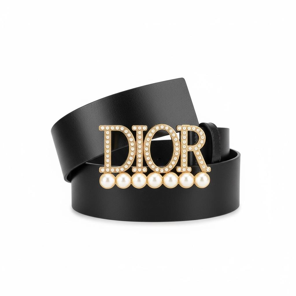 ✨ Dior Leather Belt with Crystal Logo & Pearl Detail – Black