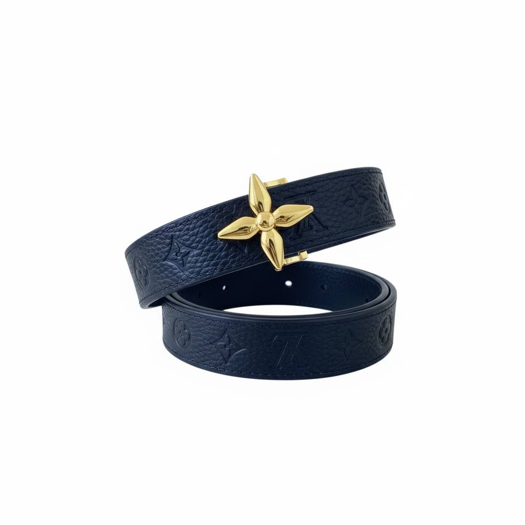 🖤 Louis Vuitton Monogram Leather Belt – Gold Flower Buckle