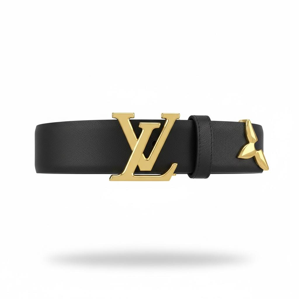 🖤 Louis Vuitton Leather Belt – Gold LV Buckle with Flower Detail
