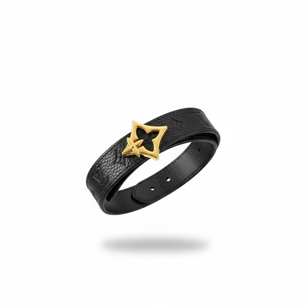 🖤 Louis Vuitton Leather Belt Bracelet – Gold Monogram Flower Buckle