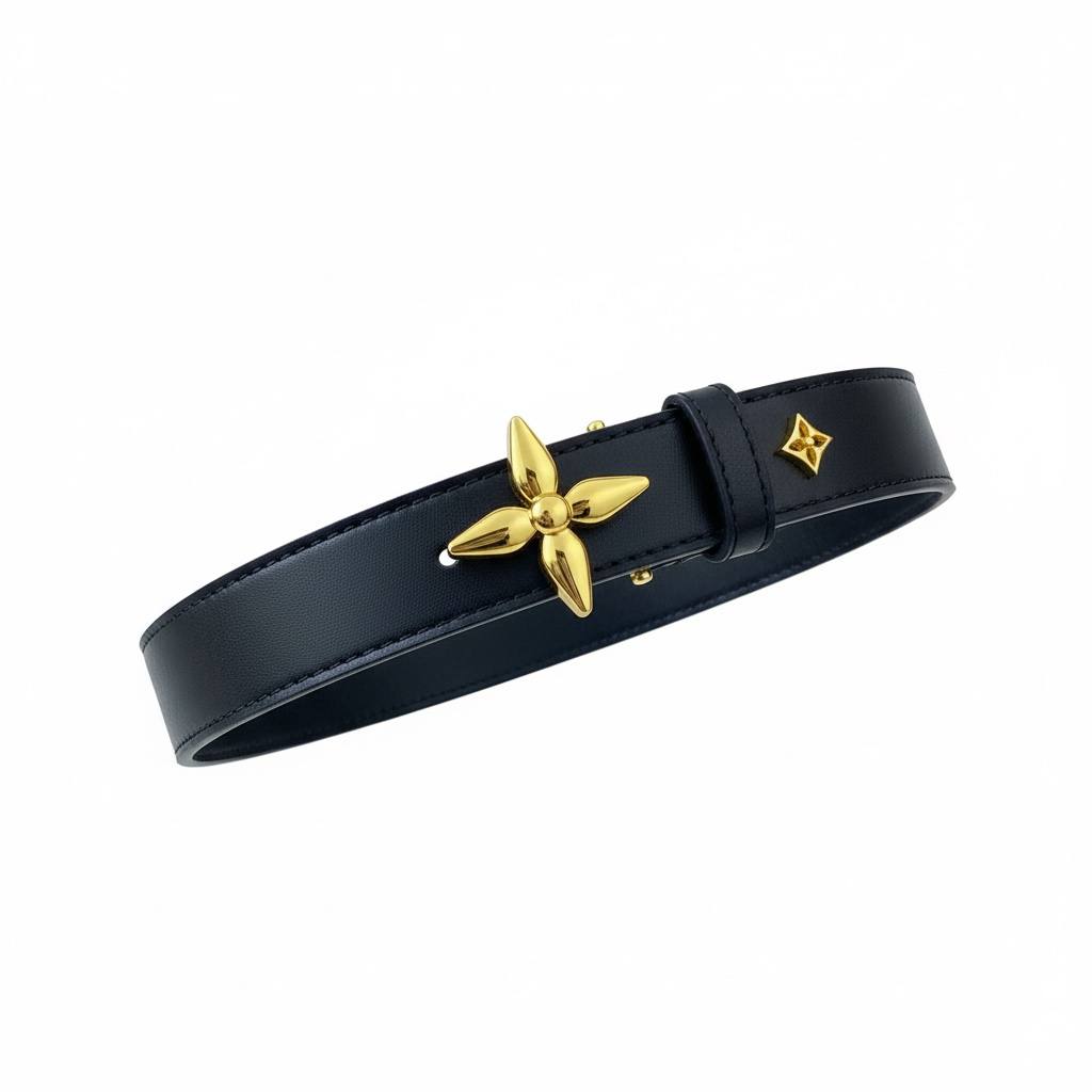 🖤 Louis Vuitton Leather Belt – Gold Monogram Flower Detail