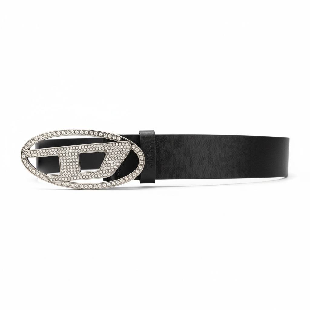 🖤 Diesel Crystal D Buckle Leather Belt – Black Luxury Statement
