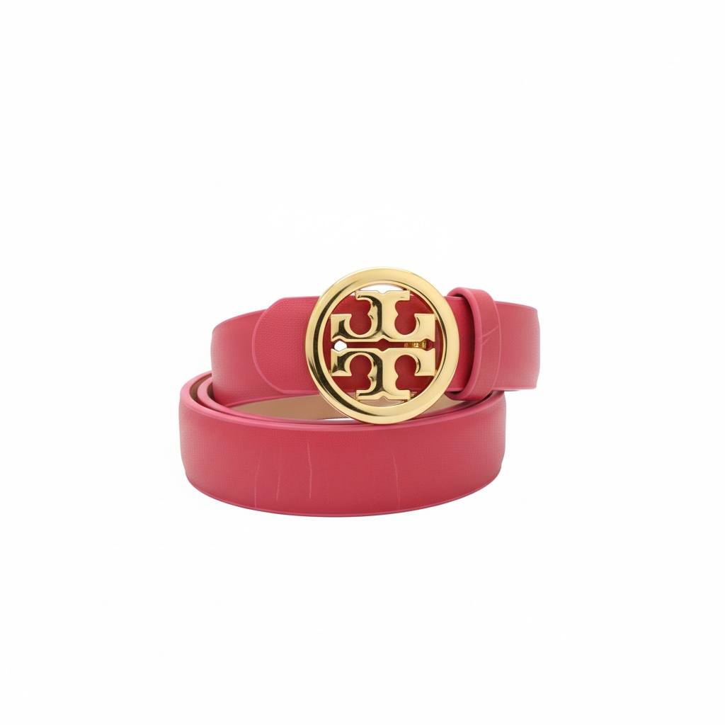 🌸 Tory Burch Double-T Logo Leather Belt – Pink & Gold