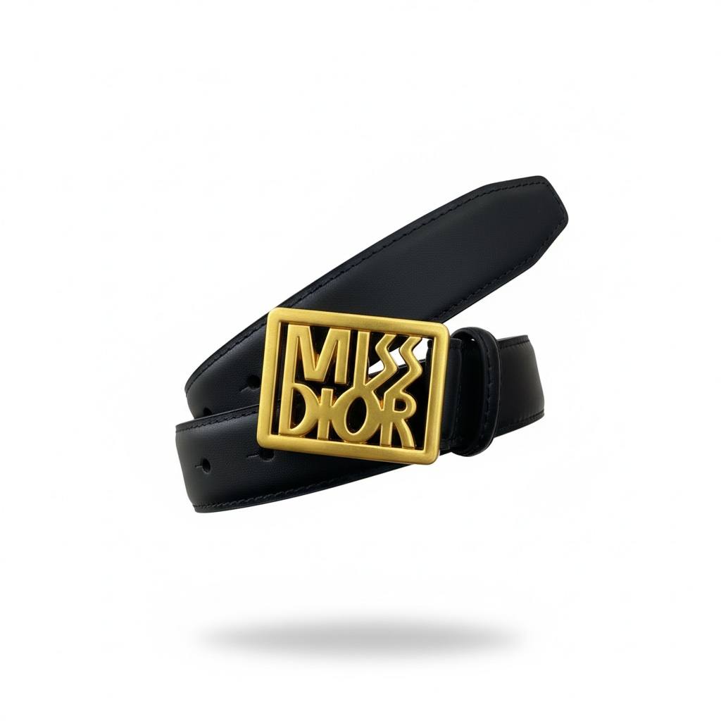 ✨ Miss Dior Logo Leather Belt – Black with Gold Buckle