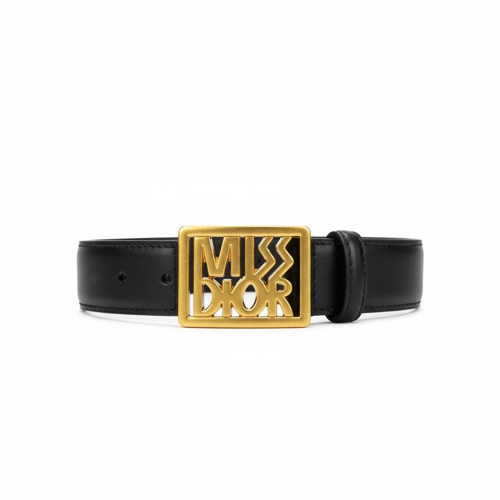 ✨ Miss Dior Logo Leather Belt – Black with Gold Buckle