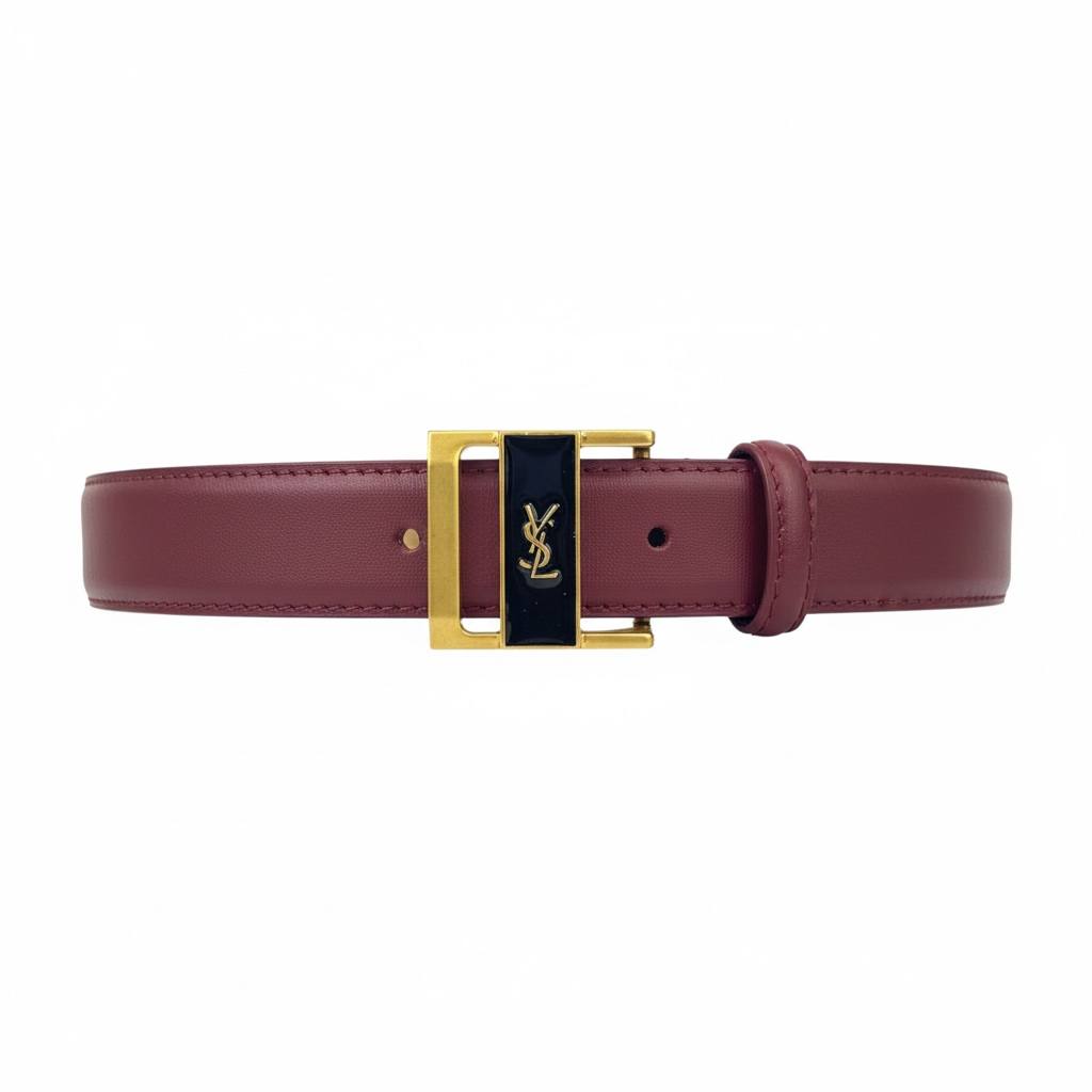 ✨ Yves Saint Laurent Burgundy Leather Belt with Gold YSL Buckle