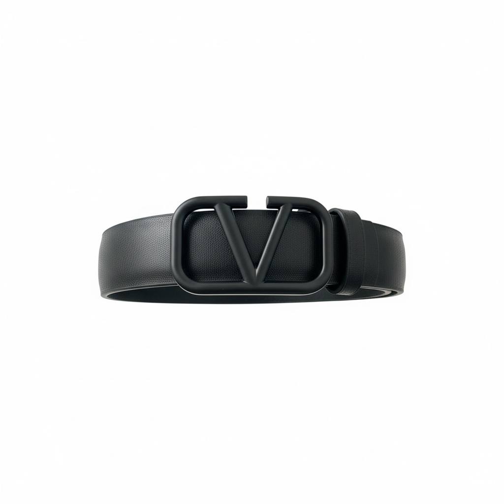 š¤ Valentino Black Leather Belt with Matte V Logo Buckle