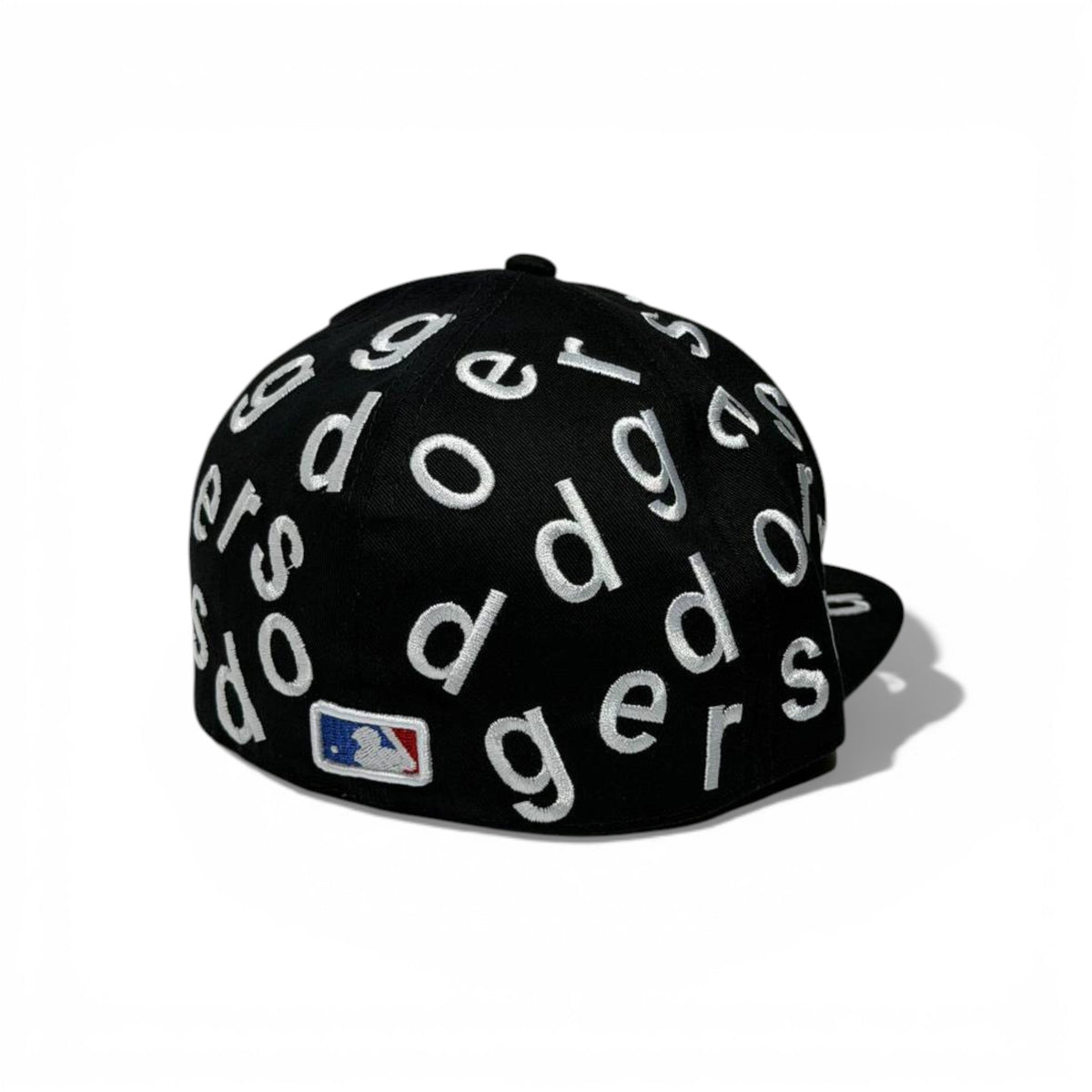 🧢 LA Dodgers All-Over Letter Embroidered Snapback Cap – Black Flat Brim