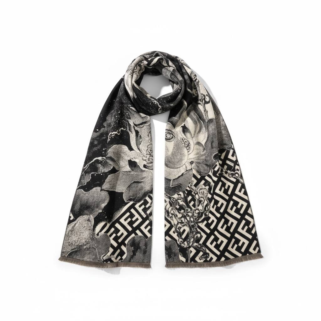 π€π€β¨π§£ FENDI BLACK & GREY MONOGRAM SCARF π§£β¨π€π€