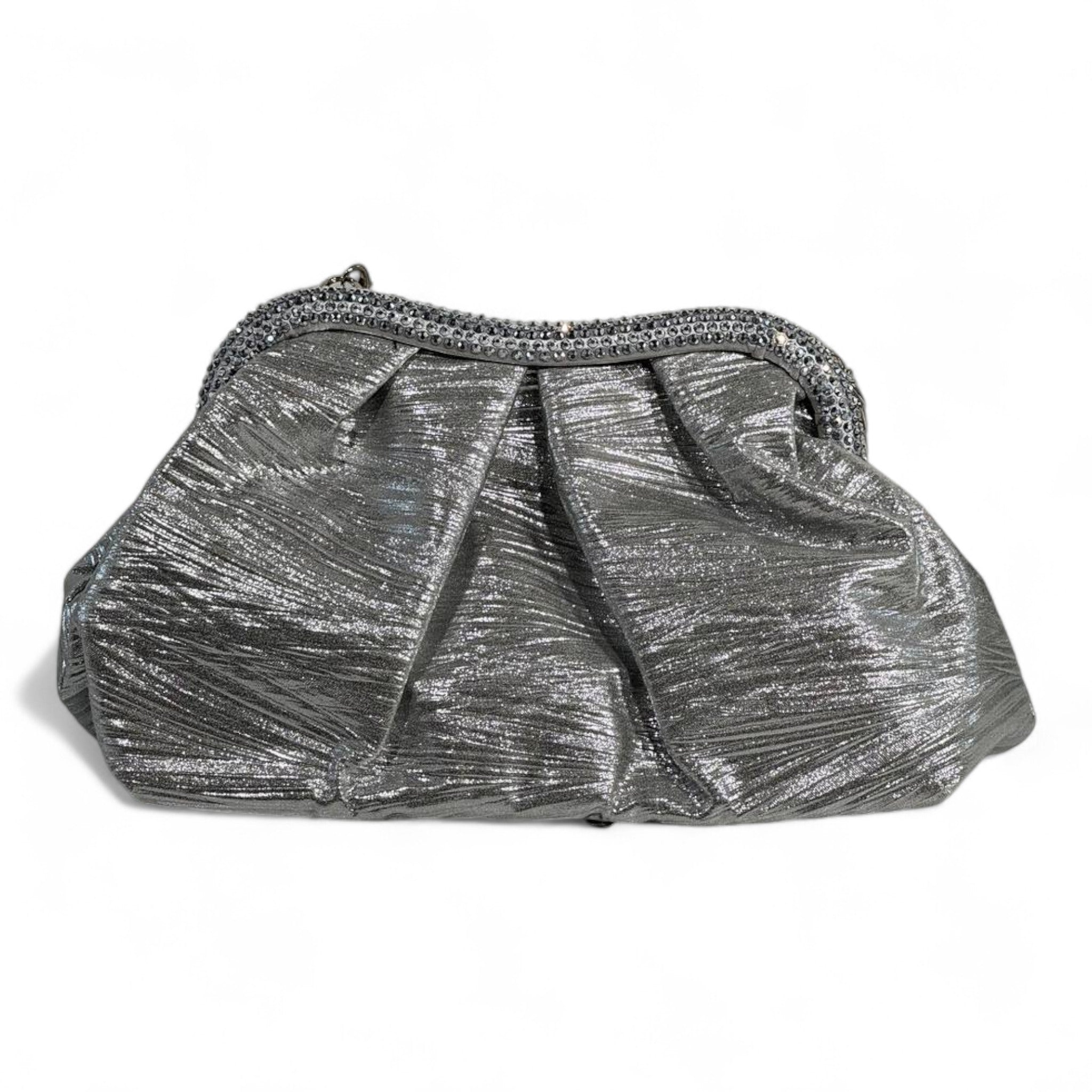 Metallic Silver Pleated Clutch ✨ | Elegant Evening Bag with Crystal Trim soirée