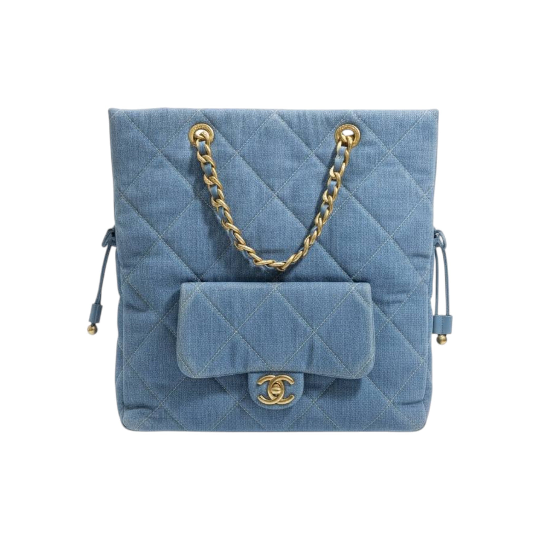 Chanel Quilted Denim Drawstring Tote Bag with Chain Strap 💙✨