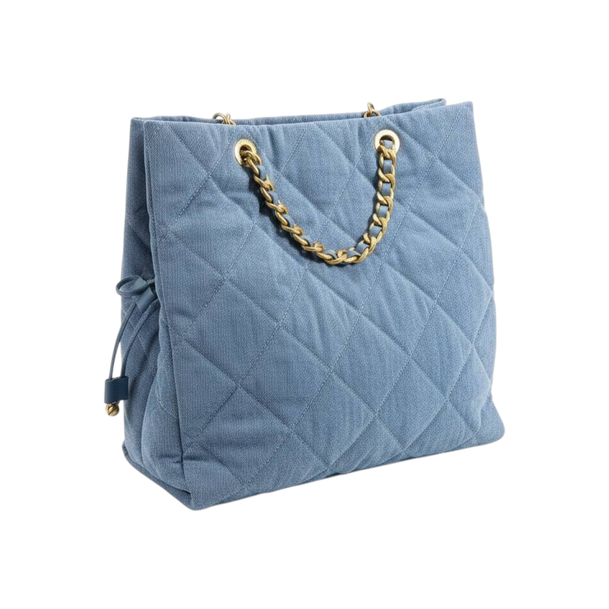 Chanel Quilted Denim Drawstring Tote Bag with Chain Strap 💙✨
