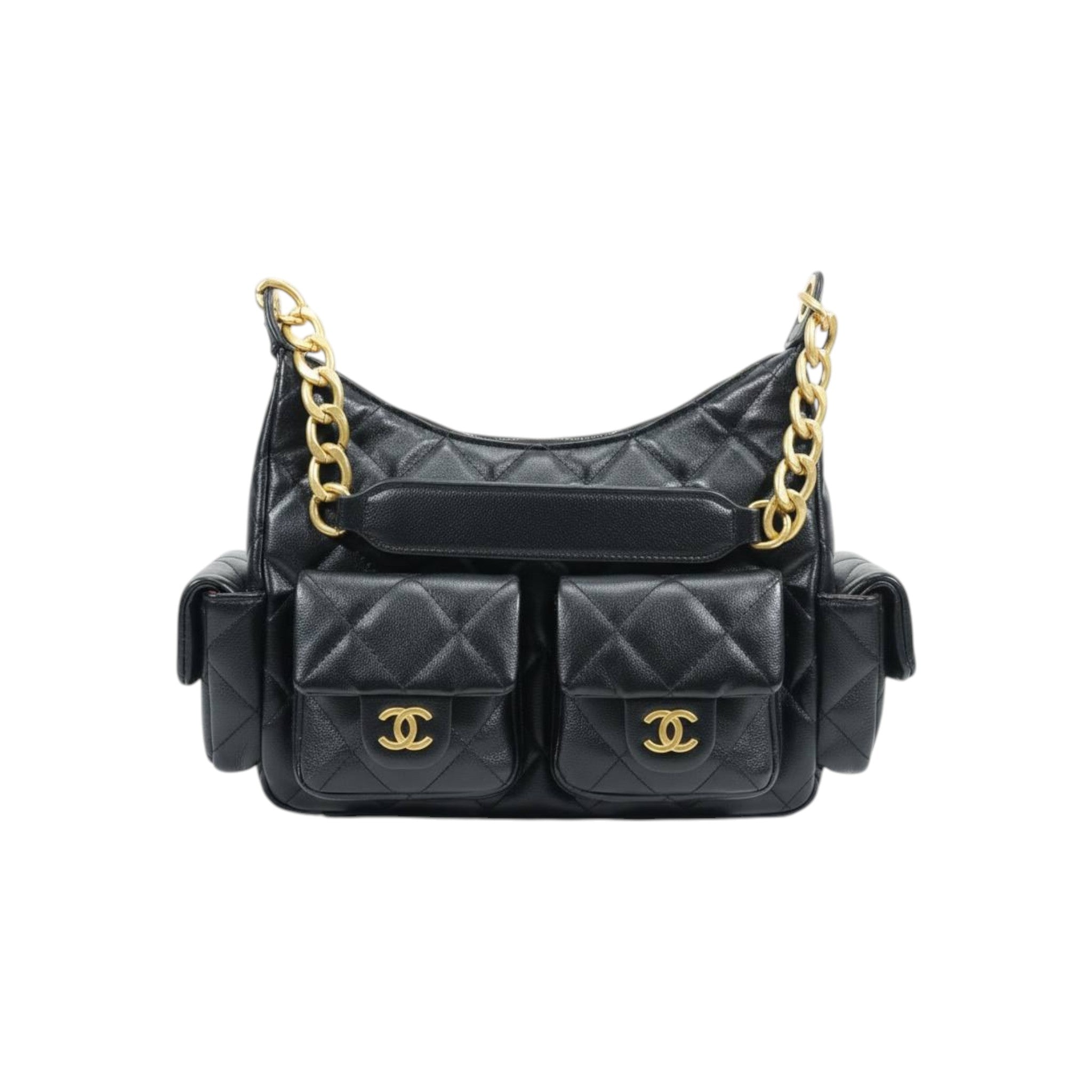 Quilted Black Multi-Pocket Shoulder Bag with Gold Chain 🖤✨