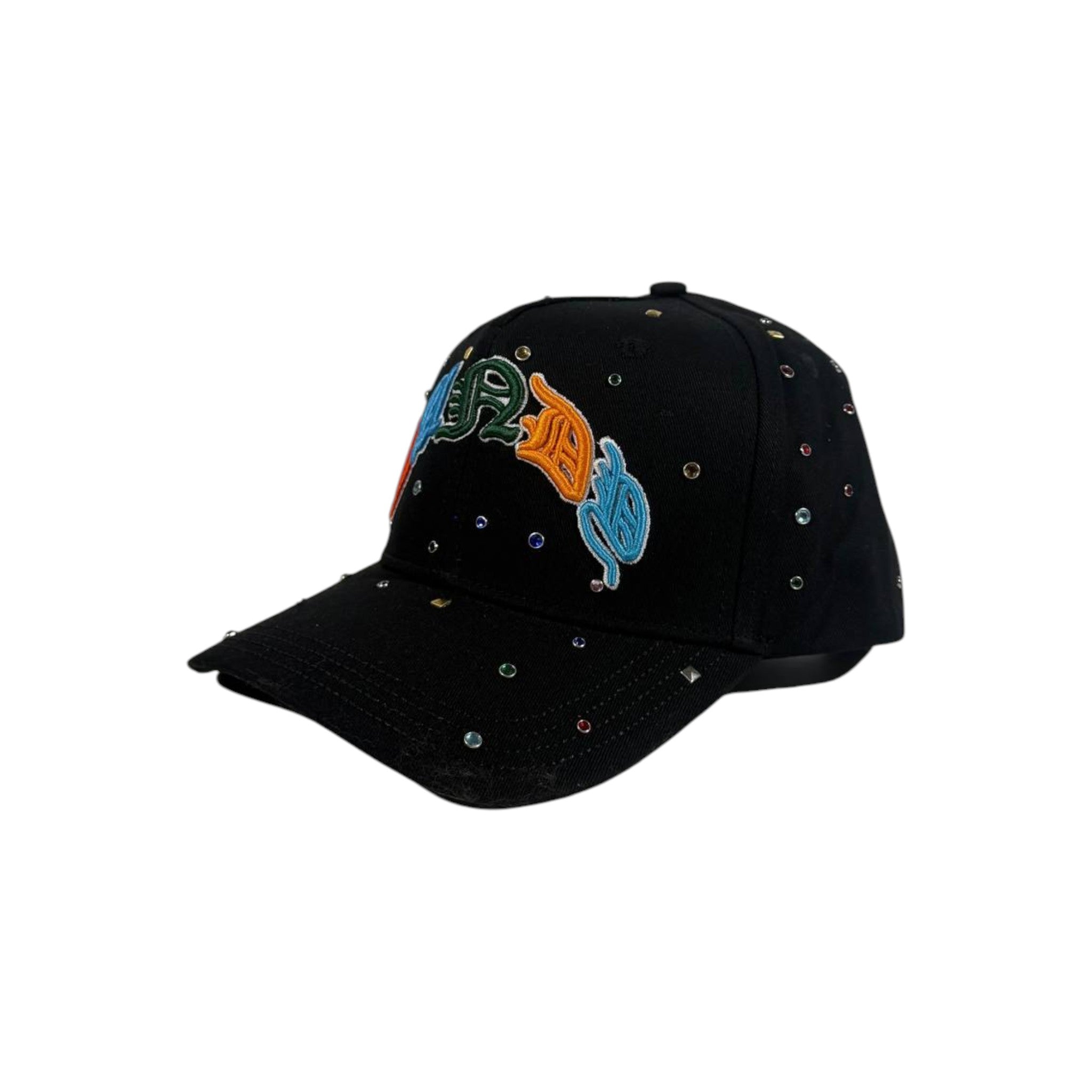 Dandy Hats Black Embroidered Graphic Cap with Crystal Stud Details đ¤â¨