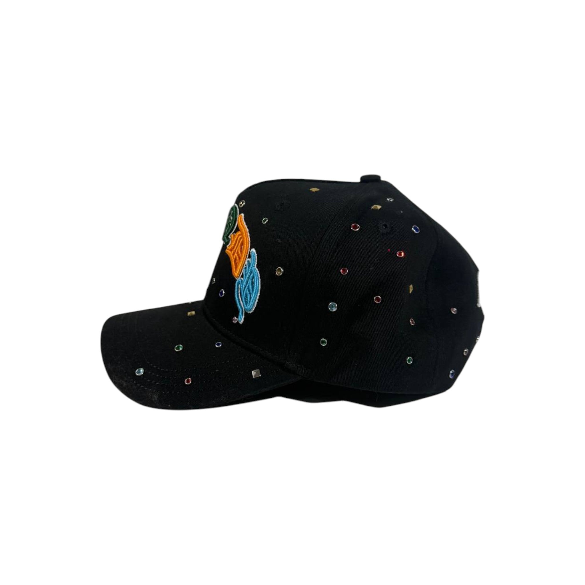 Dandy Hats Black Embroidered Graphic Cap with Crystal Stud Details đ¤â¨
