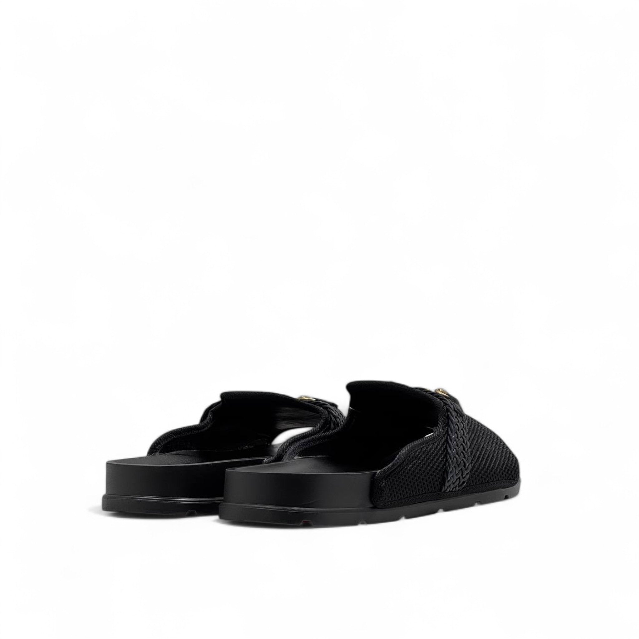 GUCCI Black Mesh Slides with Braided Strap & Gold Chain