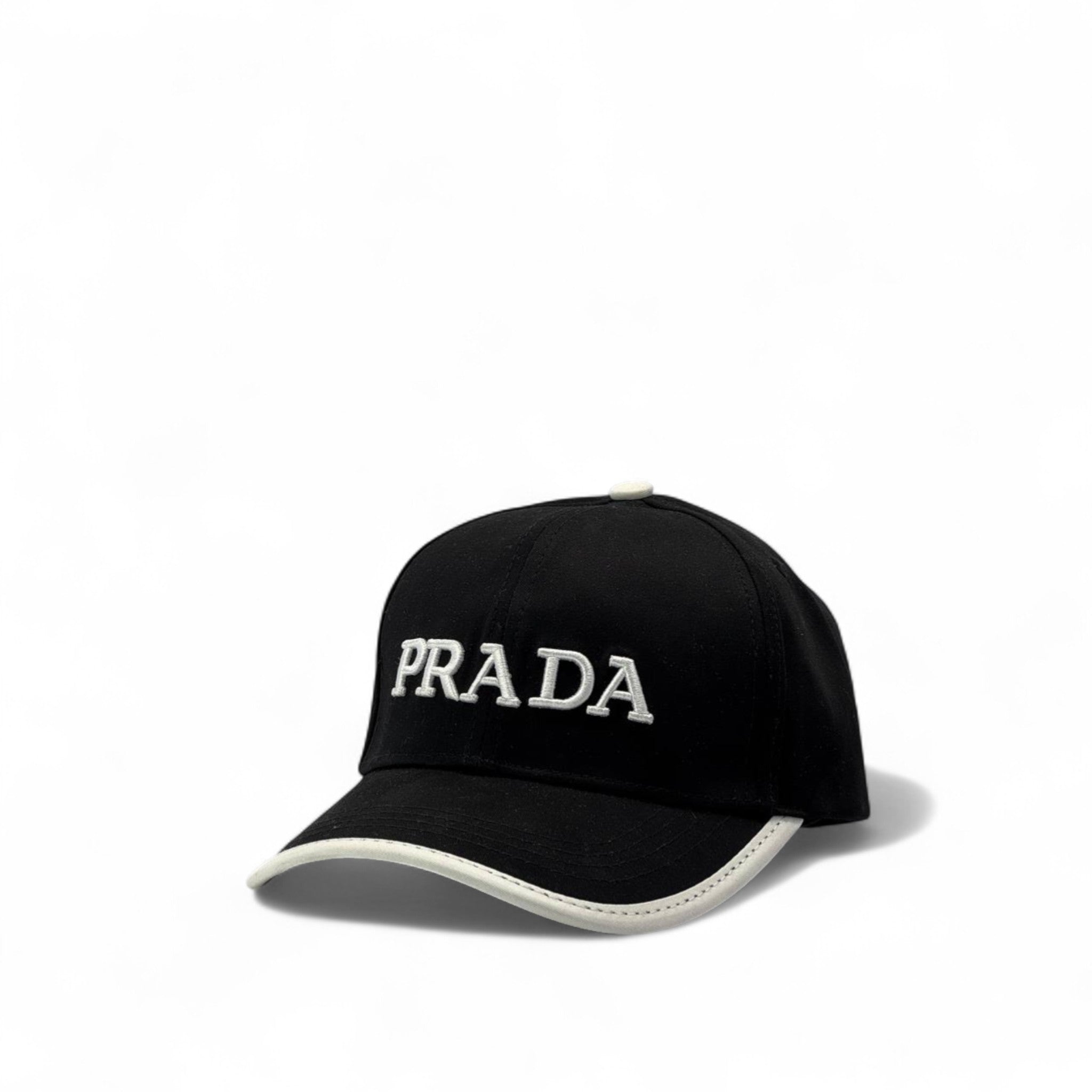 PRADA Black Baseball Cap – Embroidered Logo with White Trim 🖤✨