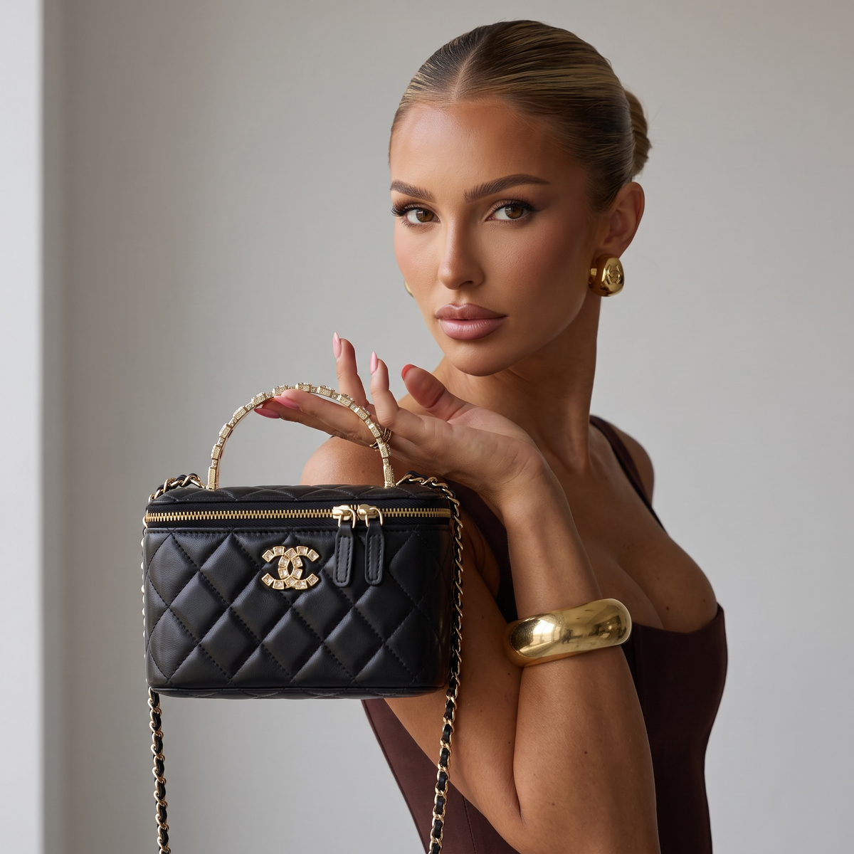 Chanel Quilted Vanity Case with Top Handle and Mirror β Black and Gold β¨π€