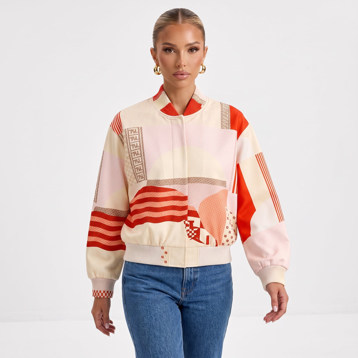 Fendi Printed Bomber Jacket β Cream & Orange