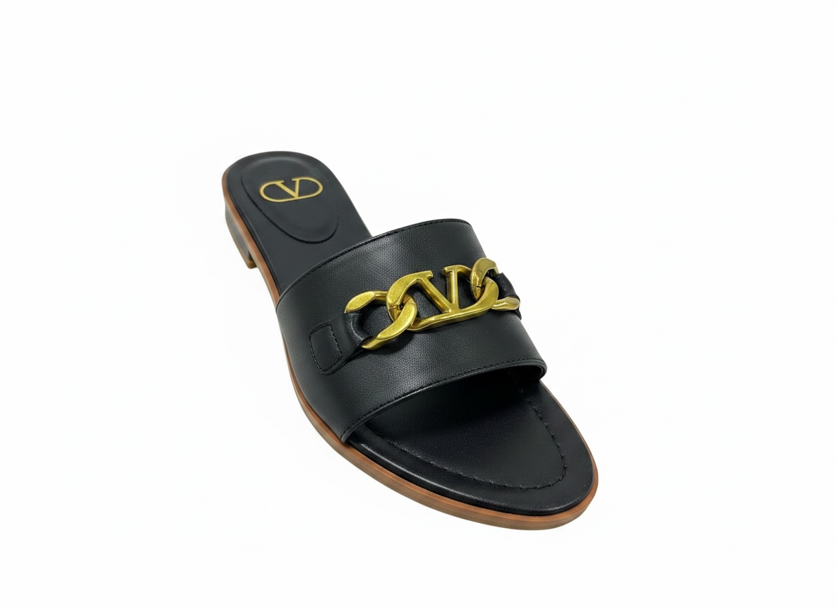 Valentino VLogo Black Slide Sandals π€β¨ Gold Chain Edition