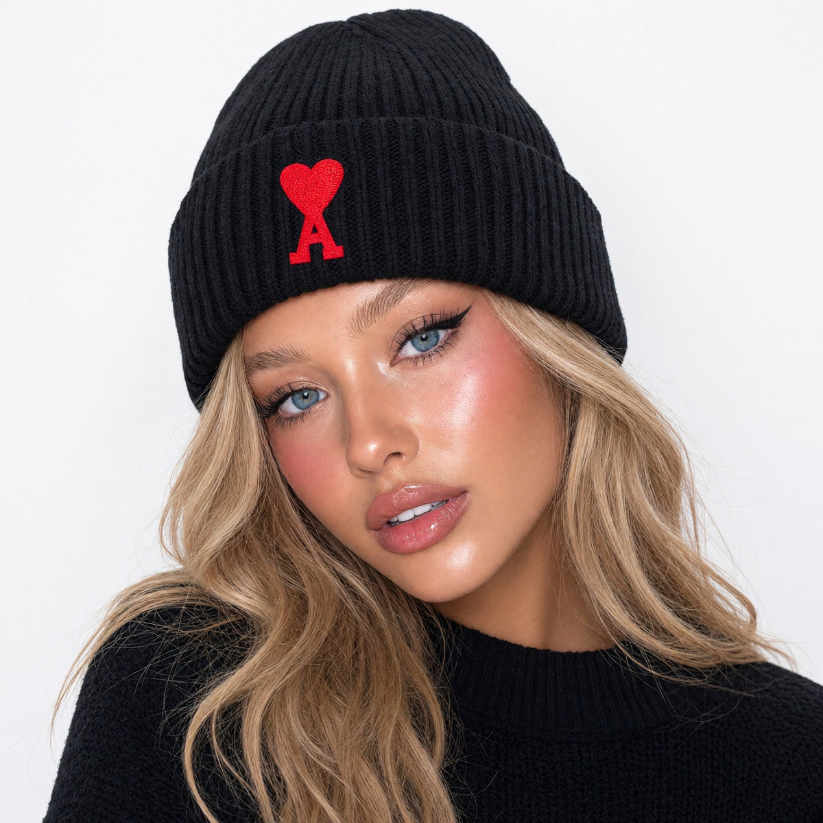AMI Paris Logo Patch Knitted Beanie β Black