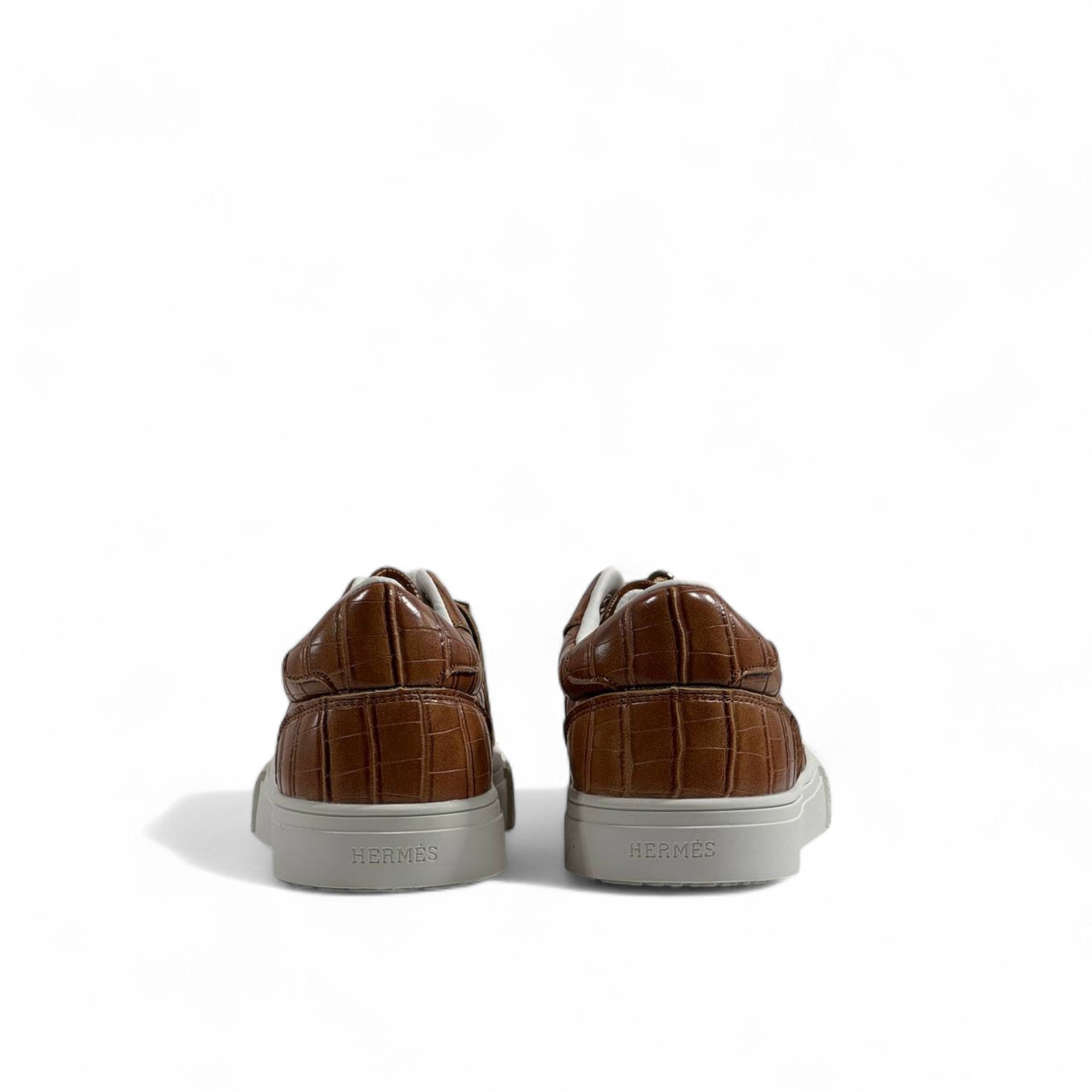 Hermès Brown Croc-Embossed Sneakers with Gold Lock Detail 🤎👟