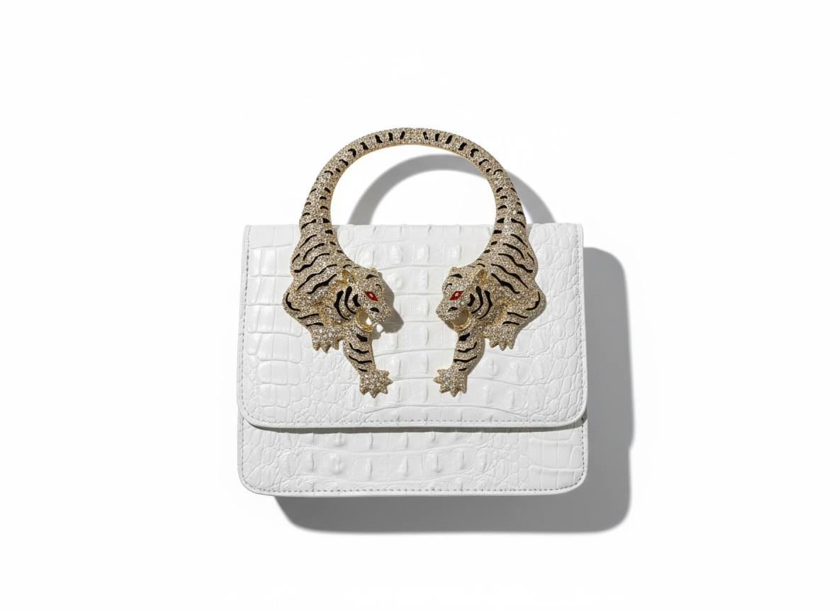 ROBERTO CAVALLI Tiger Handle Bag – White Gold 🐅✨ | Statement Luxury Piece