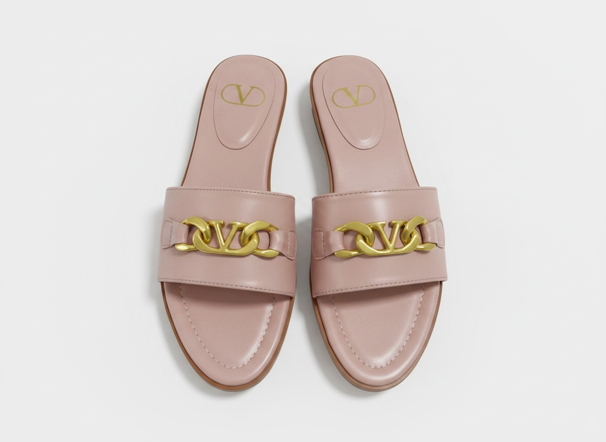 Valentino VLogo Nude Leather Slides 🤍✨ Premium Gold Chain