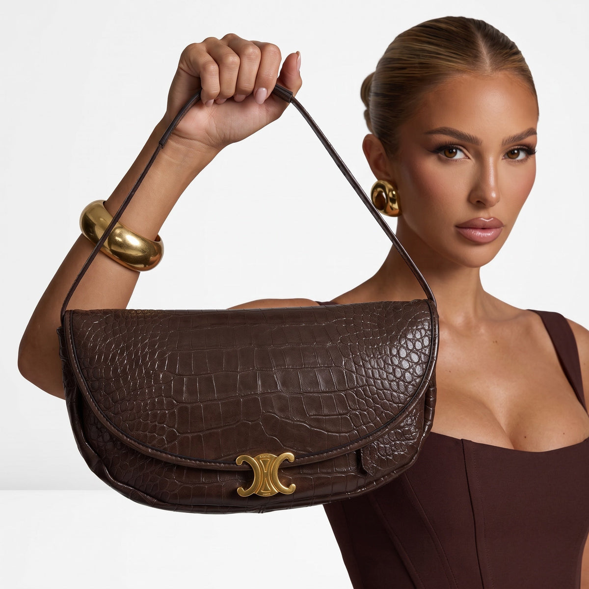 Celine Croc Triomphe Little Halfmoon Bag β Brown