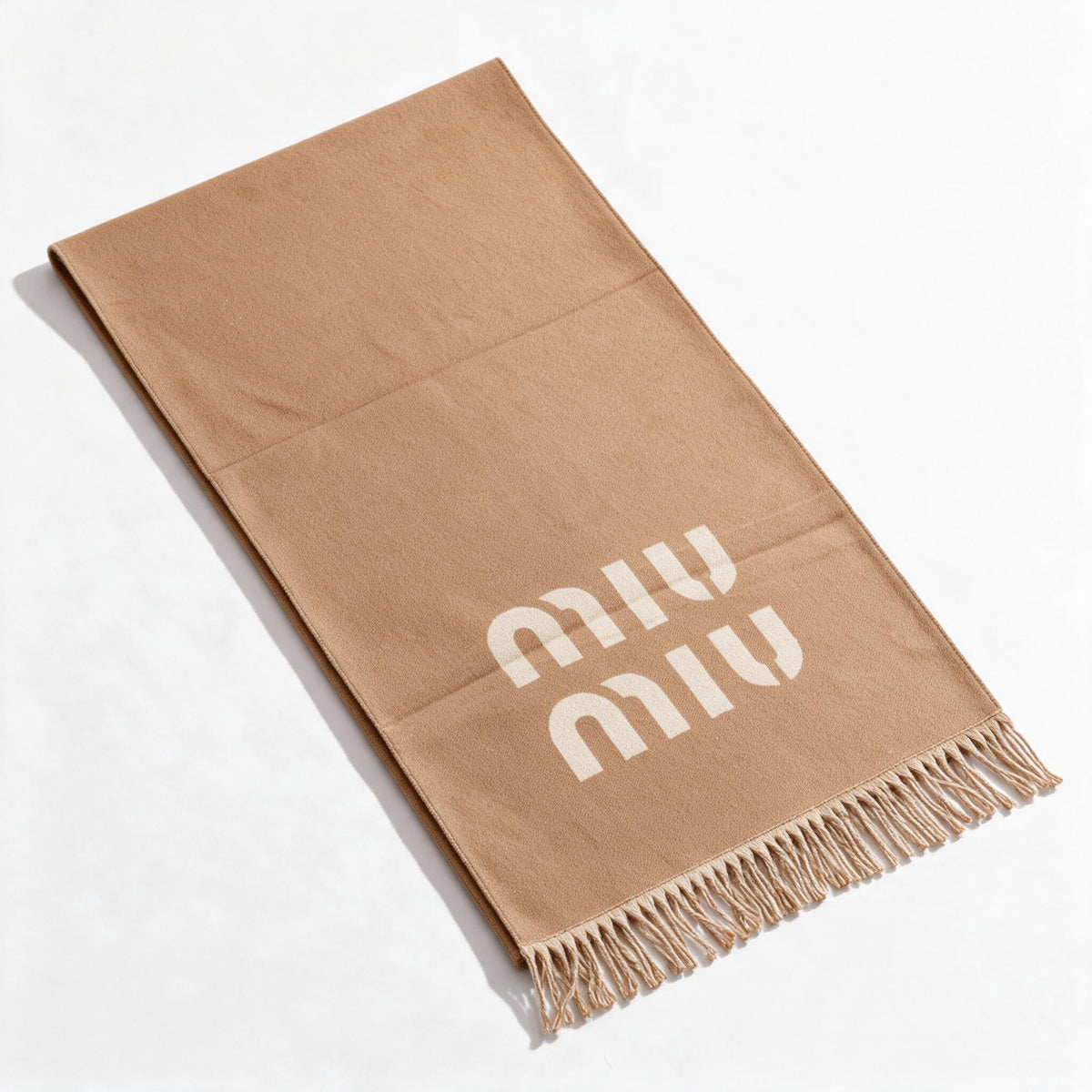 Miu Miu Wool-Blend Logo Scarf — Camel