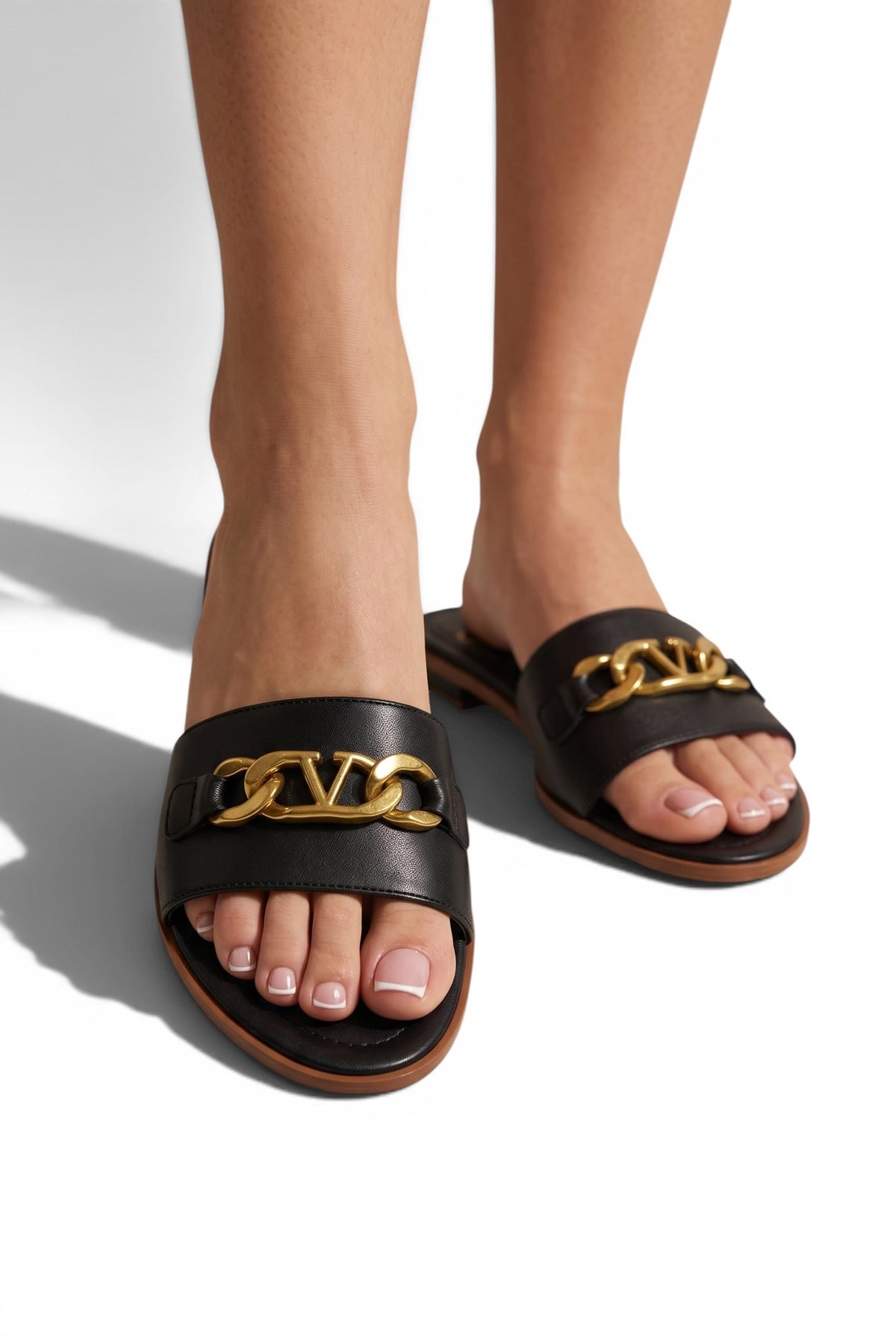 Valentino VLogo Black Slide Sandals π€β¨ Gold Chain Edition