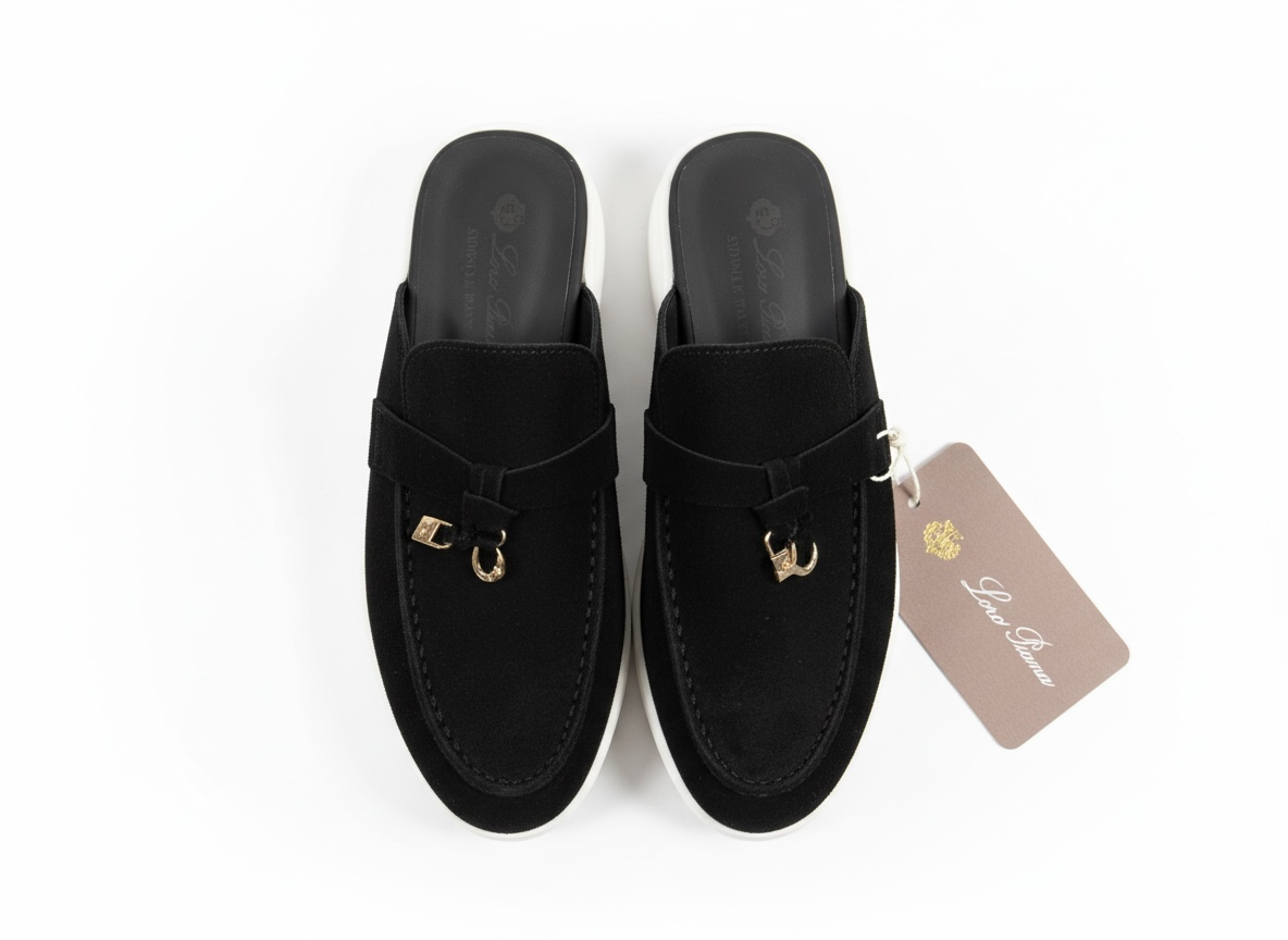 LORO PIANA Style Black Suede Slip-On Loafers π€β¨ | Gold Detail Edition