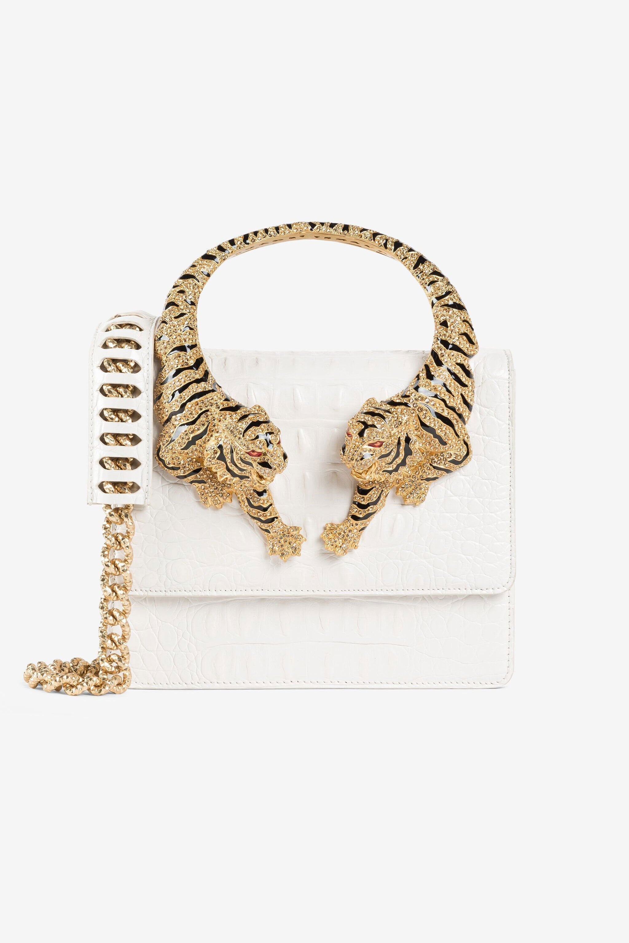 ROBERTO CAVALLI Tiger Handle Bag β White Gold π
β¨ | Statement Luxury Piece