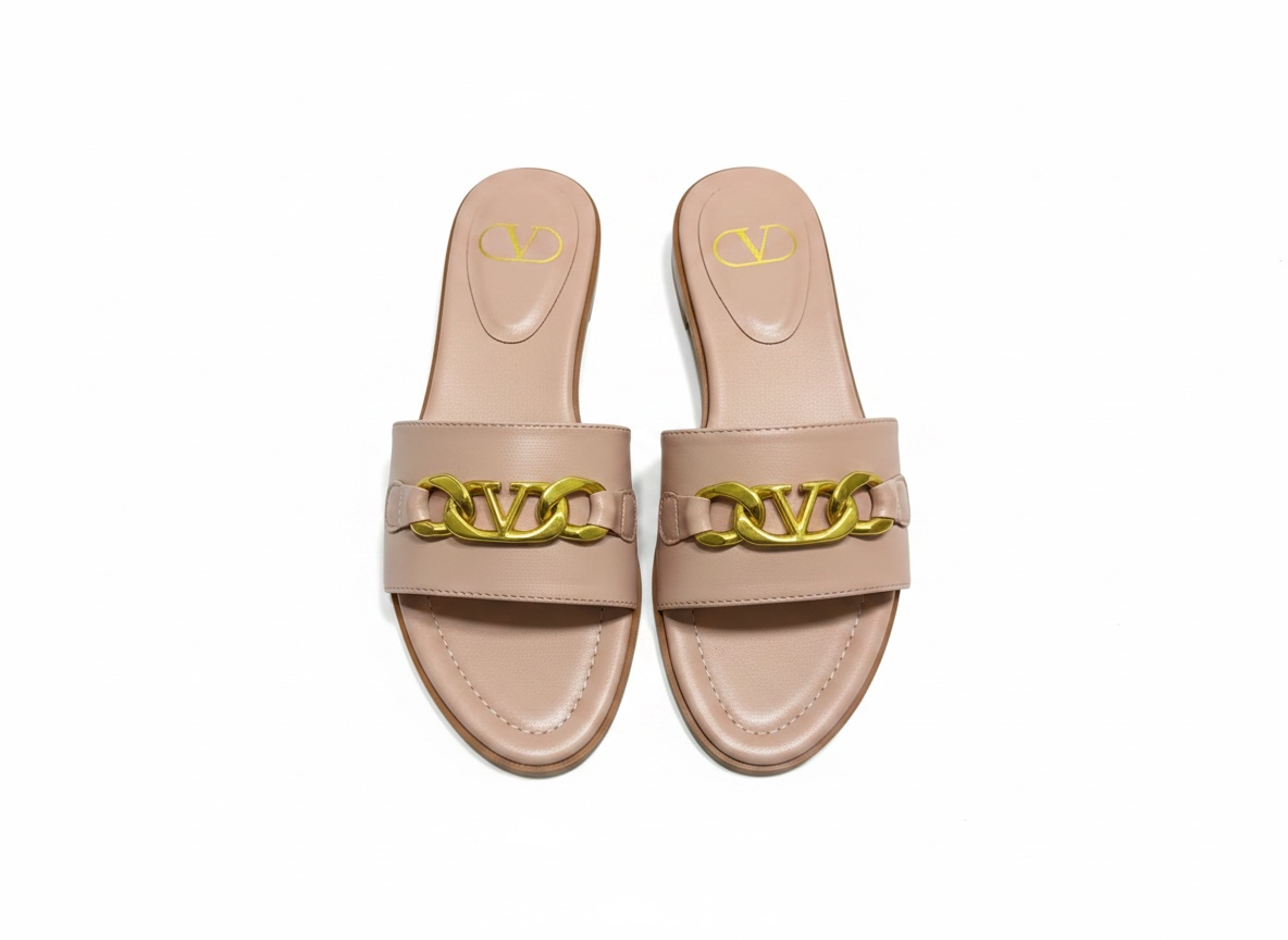 Valentino VLogo Nude Leather Slides 🤍✨ Premium Gold Chain