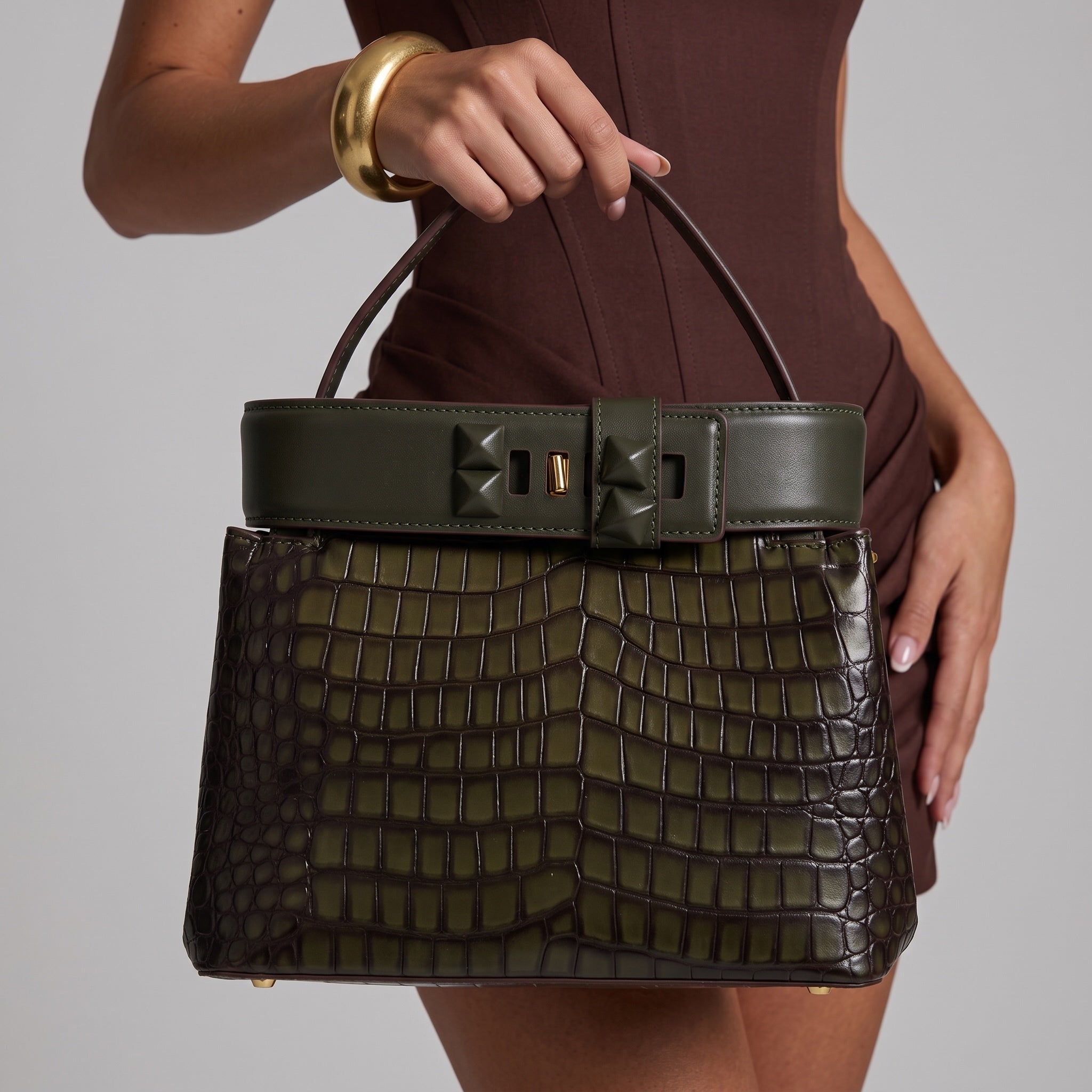 Hermès Crocodile-Effect Belted Top Handle Bag – Olive Green 👜✨