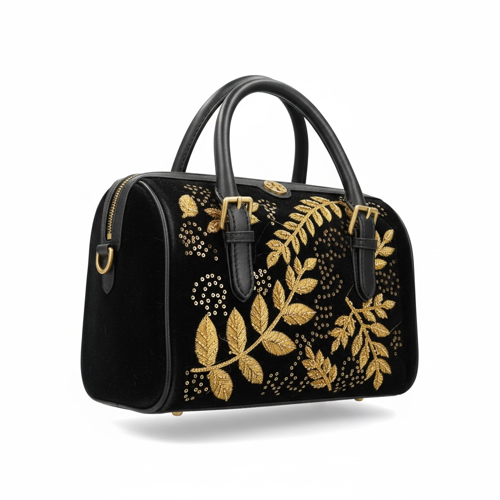 Tory Burch Black Embroidered Top-Handle Bag with Gold Leaf Motif β¨π€