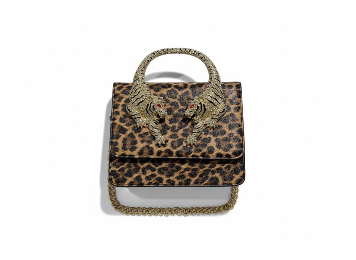 š Roberto Cavalli Leopard Top Handle Bag with Tiger Head Handle