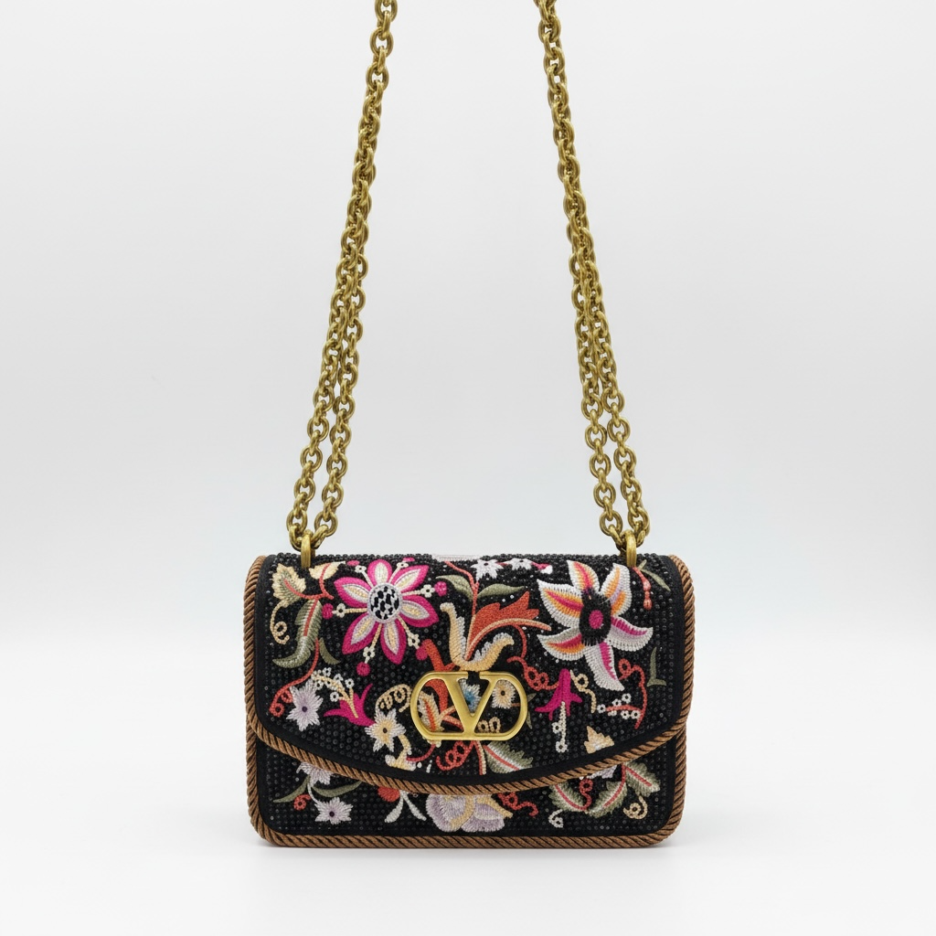 Valentino VLOGO Embroidered Floral Chain Shoulder Bag πΈβ¨