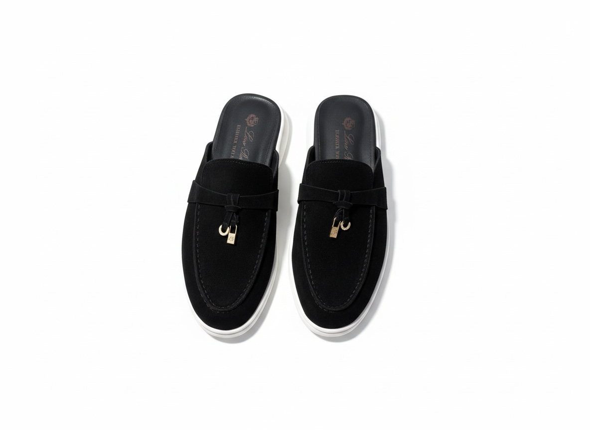 LORO PIANA Style Black Suede Slip-On Loafers 🖤✨ | Gold Detail Edition