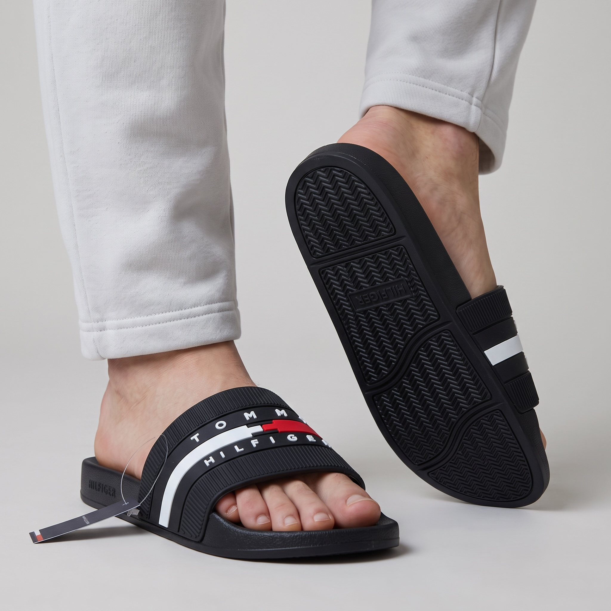 Tommy Hilfiger Signature Slides β Black | Red & White Stripe π€β€οΈπ€