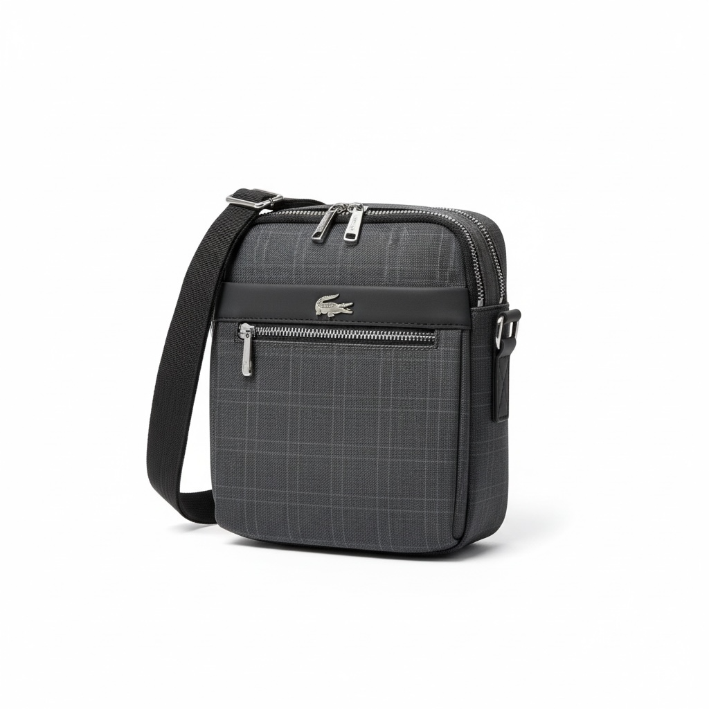 🐊 Lacoste Charcoal Check Crossbody Bag – Minimal Style, Maximum Impact
