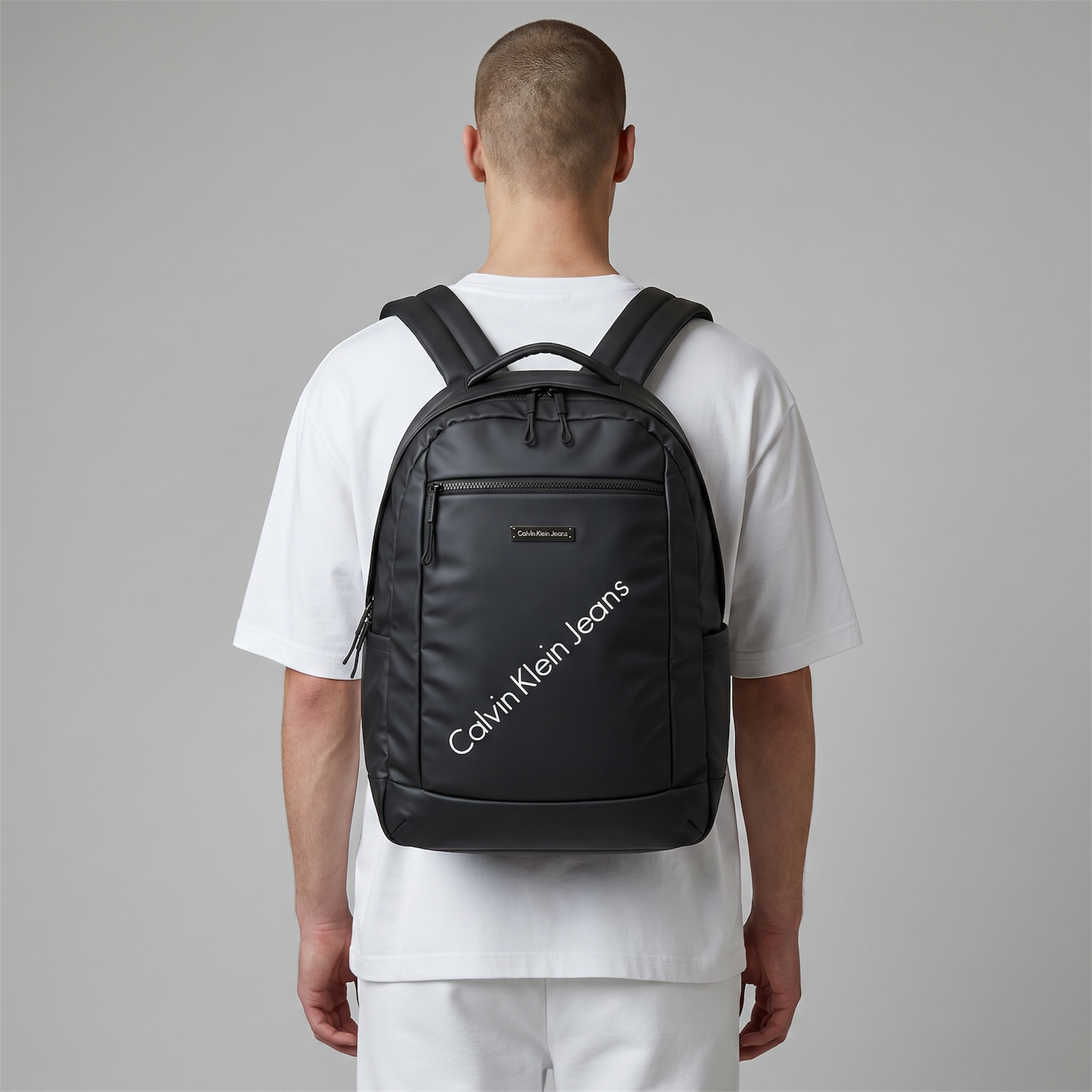 Calvin Klein Jeans Black Diagonal Logo Backpack π€π | Modern Everyday Travel & Laptop Bag