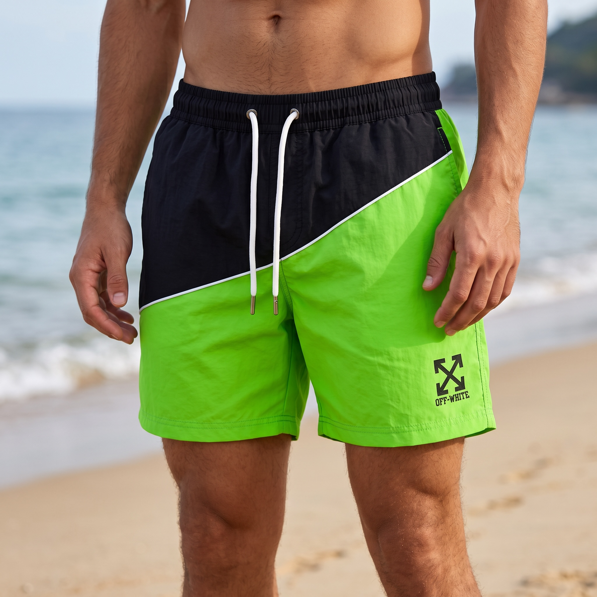 Off-White Panel Swim Shorts — Green & Black