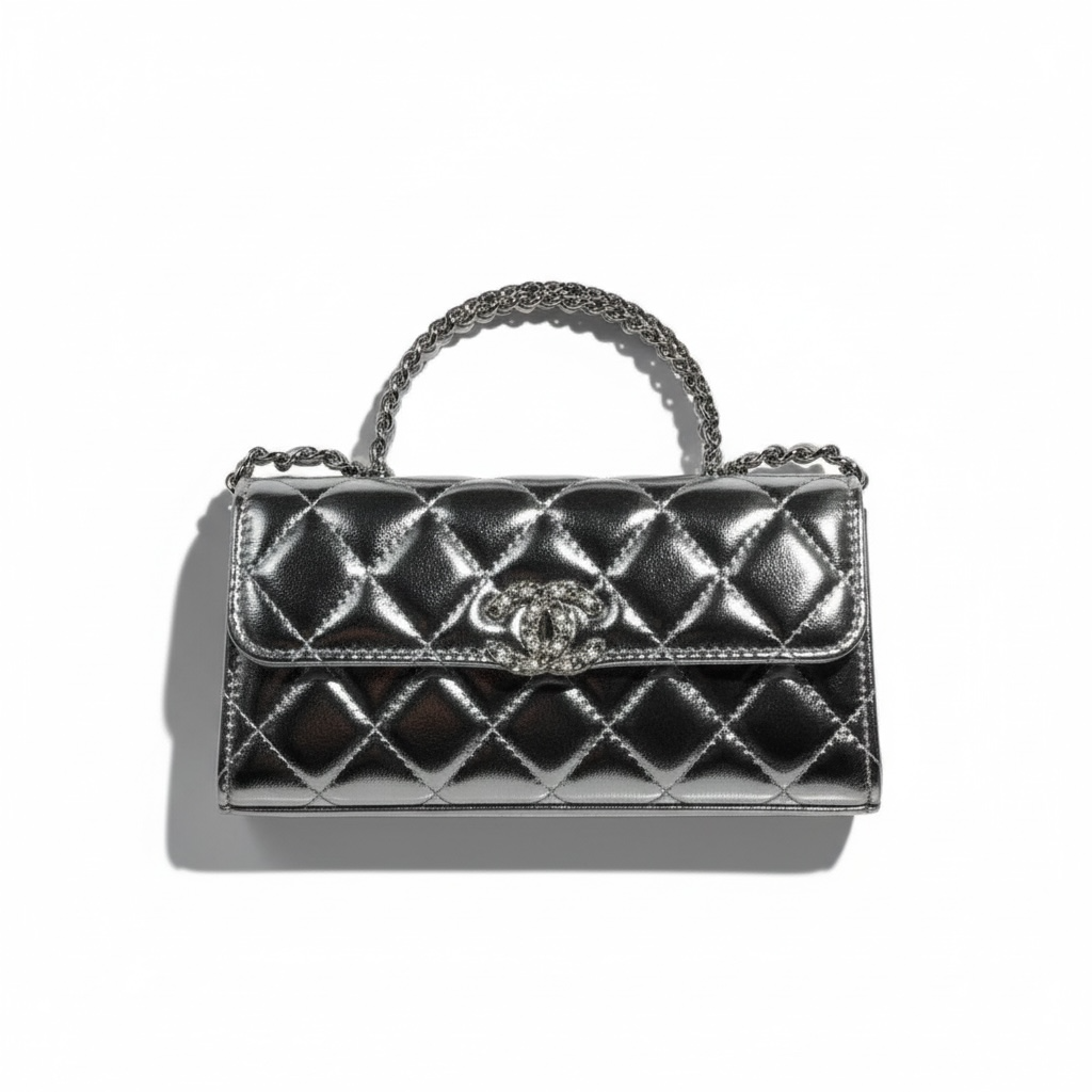 🤍 Chanel Quilted Patent Top-Handle Bag 🪞✨ | Silver Luxe Edition